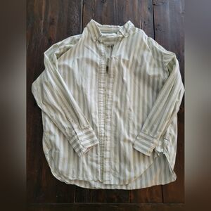 J. Crew Green and White Striped Women's Button Down Shirt